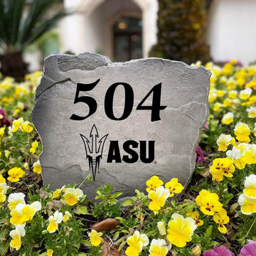 Personalized Arizona State University outdoor address marker engraved into premium stone with authentic Sun Devils graphics. A unique landscaping feature and thoughtful gift for ASU fans, alumni, and new homeowners.