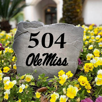 Premium University of Mississippi outdoor address marker personalized with custom house numbers and crafted from durable engraved stone. A thoughtful gift for Rebels fans, alumni, graduates, and new homeowners.
