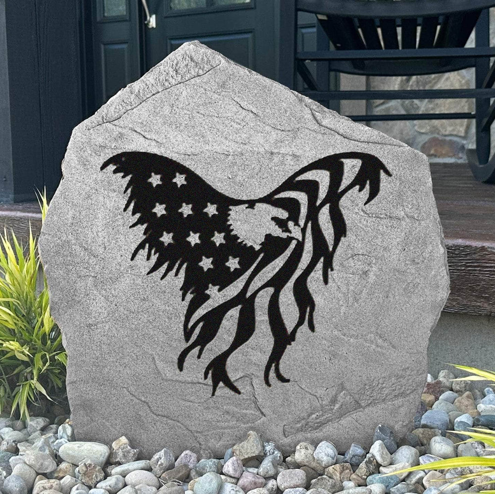 Eagle Flag engraved stone featuring a majestic bald eagle and American flag, creating a bold patriotic statement for your outdoor landscape.