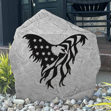 Eagle Flag engraved stone featuring a majestic bald eagle and American flag, creating a bold patriotic statement for your outdoor landscape.