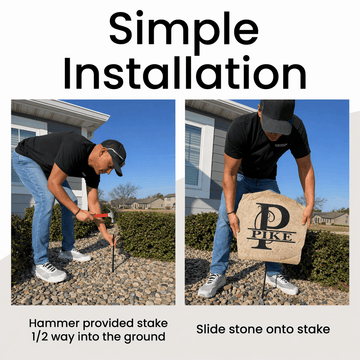 Easy installation of personalized engraved stone using ground stake showing step by step setup in yard landscaping