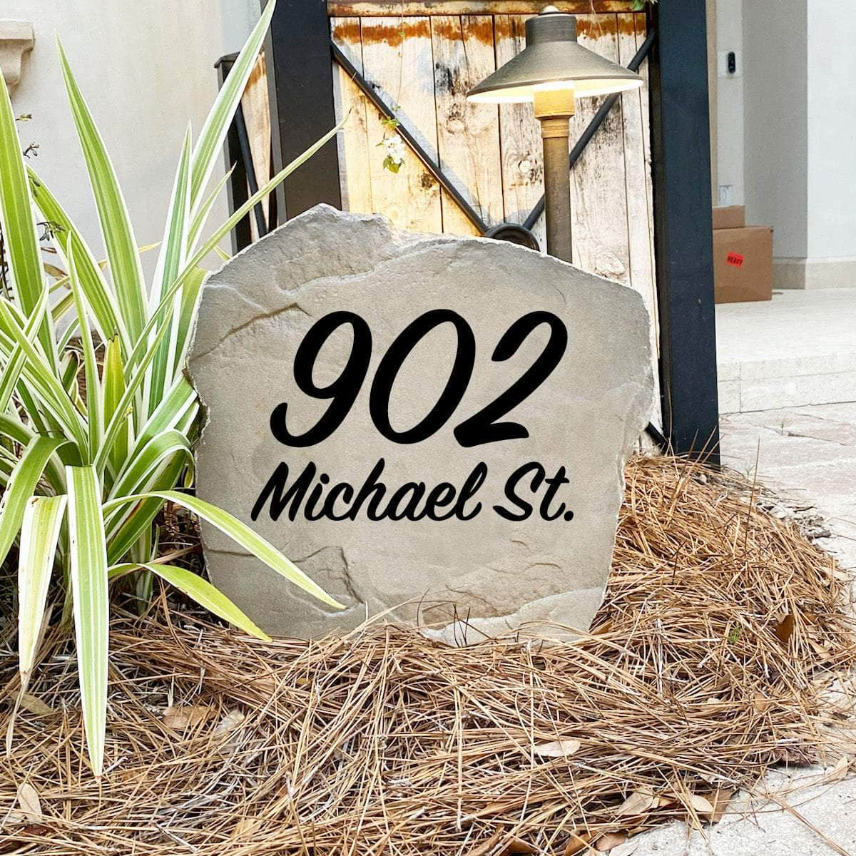 Weather-resistant Script Address Stone designed to display your home's address with classic elegance while enhancing residential landscaping.