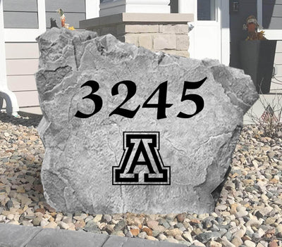 Outdoor decorative rock with house number and Arizona Wildcats emblem