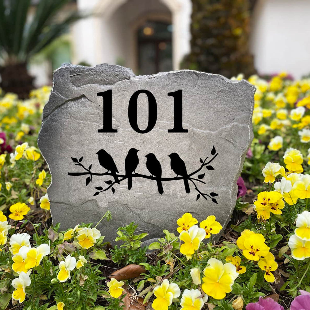 Nature-inspired Bird Address Stone handcrafted in the USA with custom house numbers and detailed bird artwork. This personalized address marker complements garden beds, entryways, and front landscapes with timeless style.