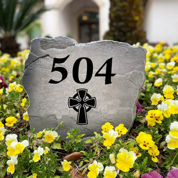 Personalized Celtic Cross Address Stone handcrafted in the USA with elegant Celtic cross artwork and custom house numbers. This engraved address sign creates timeless curb appeal for entryways, gardens, and landscaped pathways.
