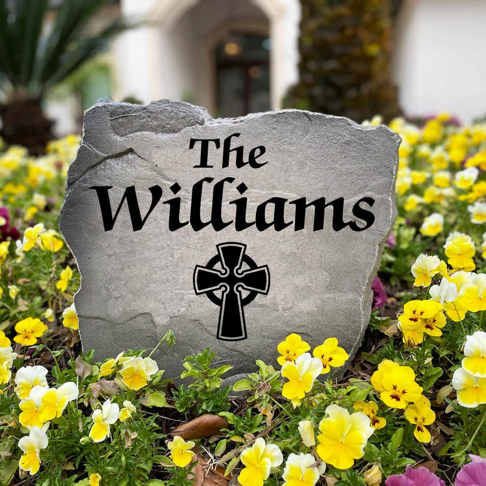 Personalized Celtic Cross Name Stone handcrafted in the USA with timeless Celtic symbolism and custom engraving. This decorative outdoor stone enhances front yard landscaping, patios, and garden borders with lasting style.