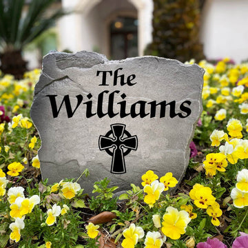 Personalized Celtic Cross Name Stone handcrafted in the USA with timeless Celtic symbolism and custom engraving. This decorative outdoor stone enhances front yard landscaping, patios, and garden borders with lasting style.