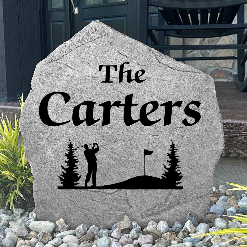 Custom golf-themed family name plaque crafted from durable concrete, combining personalized style with timeless outdoor elegance for your property.