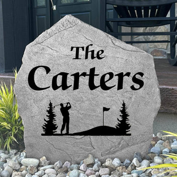 Custom golf-themed family name plaque crafted from durable concrete, combining personalized style with timeless outdoor elegance for your property.