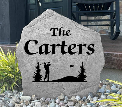 Engraved outdoor golf theme rock sign for front yard landscaping.