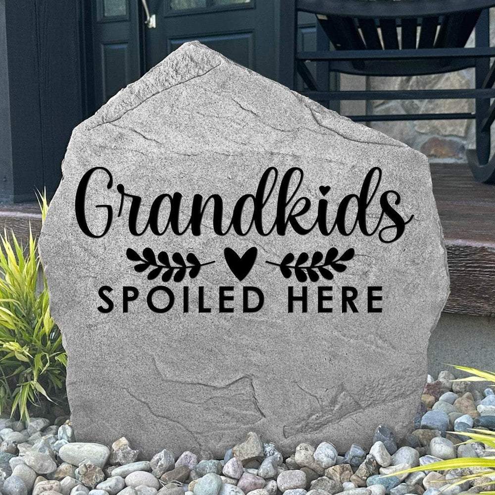 Decorative Grandkids Spoiled Here Stone engraved directly into durable stone, creating a welcoming outdoor accent for grandparents' homes. A beautiful addition to flower beds, porches, walkways, and outdoor living spaces.