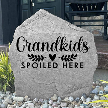 Decorative Grandkids Spoiled Here Stone engraved directly into durable stone, creating a welcoming outdoor accent for grandparents' homes. A beautiful addition to flower beds, porches, walkways, and outdoor living spaces.