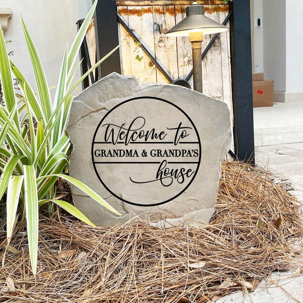 Decorative Grandma & Grandpa's House Stone featuring a heartfelt design permanently engraved into the stone surface. This weather-resistant outdoor sign brings warmth and personality to front yards, entryways, and landscape beds.