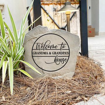Decorative Grandma & Grandpa's House Stone featuring a heartfelt design permanently engraved into the stone surface. This weather-resistant outdoor sign brings warmth and personality to front yards, entryways, and landscape beds.