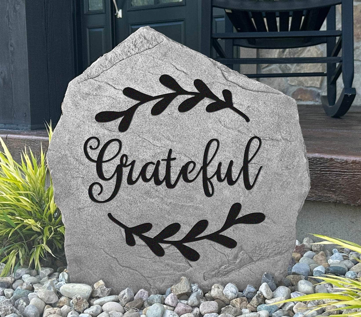 Inspirational Grateful landscape plaque crafted from durable concrete, creating a timeless accent that celebrates thankfulness and everyday joy.