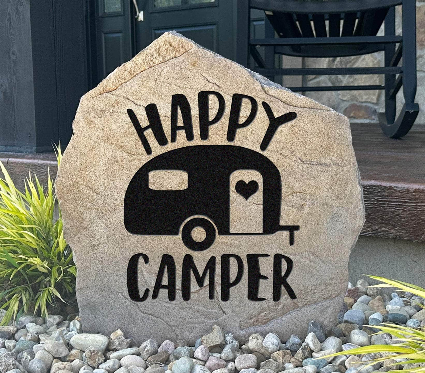 Personalized Happy Camper rock for garden or RV camping décor.