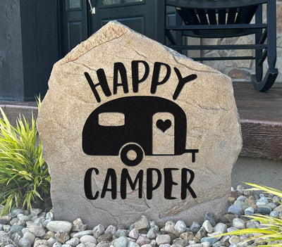 Personalized Happy Camper rock for garden or RV camping décor.