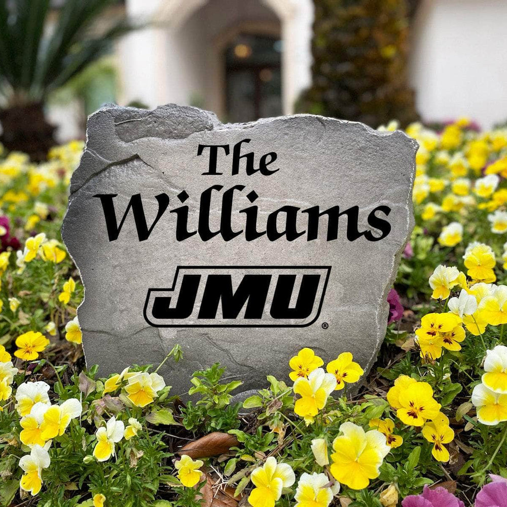 Personalized James Madison Dukes outdoor name stone with custom family lettering permanently engraved into weather-resistant stone. A thoughtful gift for college football fans, alumni, weddings, housewarmings, and new homeowners.