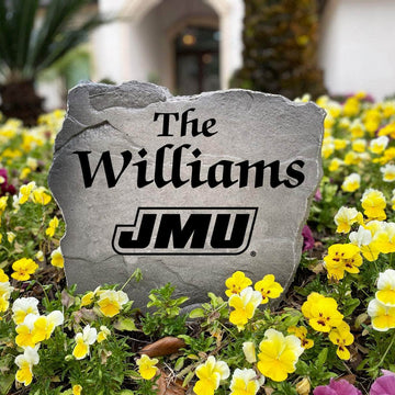 Personalized James Madison Dukes outdoor name stone with custom family lettering permanently engraved into weather-resistant stone. A thoughtful gift for college football fans, alumni, weddings, housewarmings, and new homeowners.