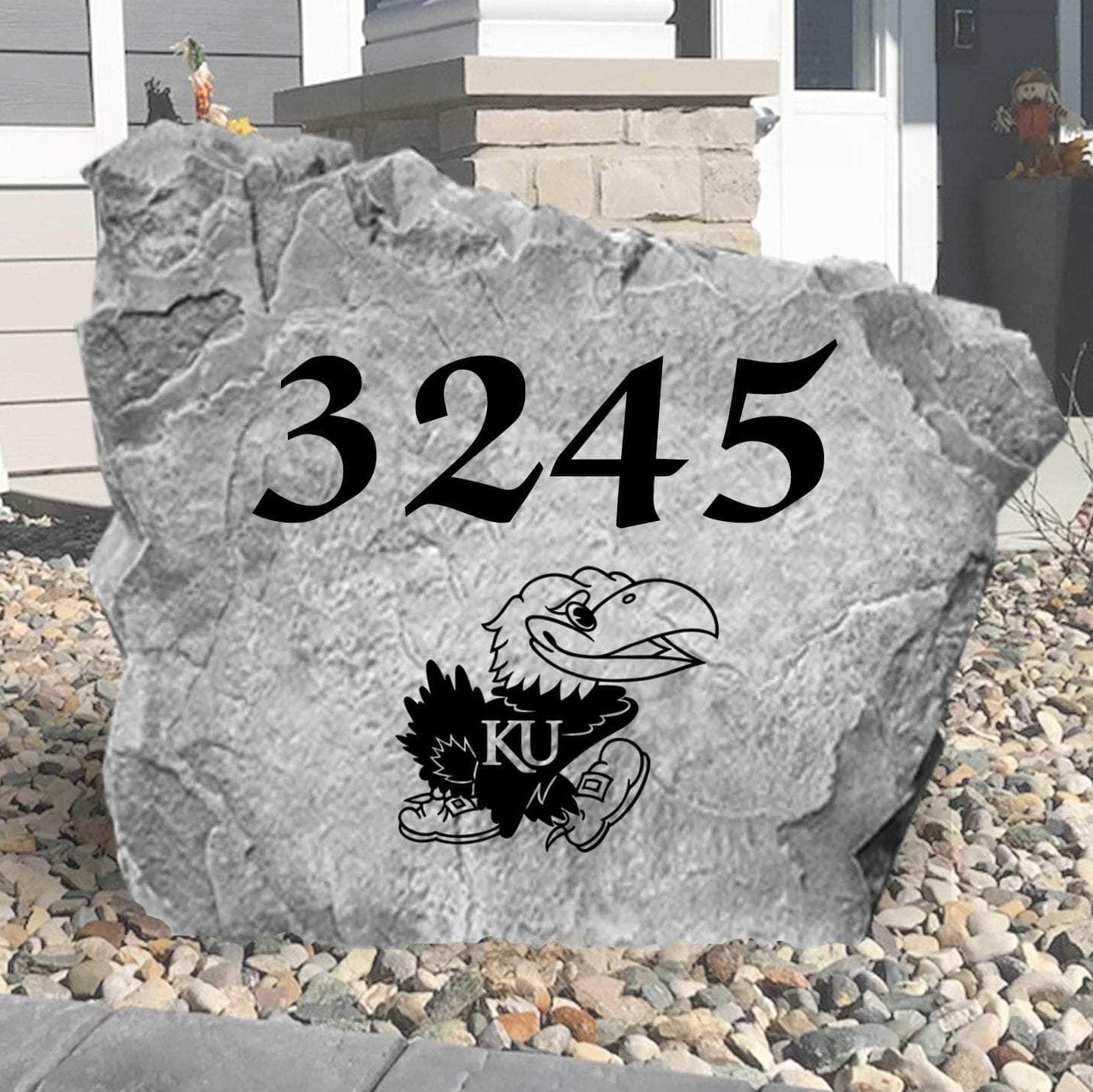 Custom University of Kansas Address Stone featuring the official Jayhawks logo and personalized house numbers. A stylish way to display your address in front yards, driveways, gardens, and landscaped entryways.