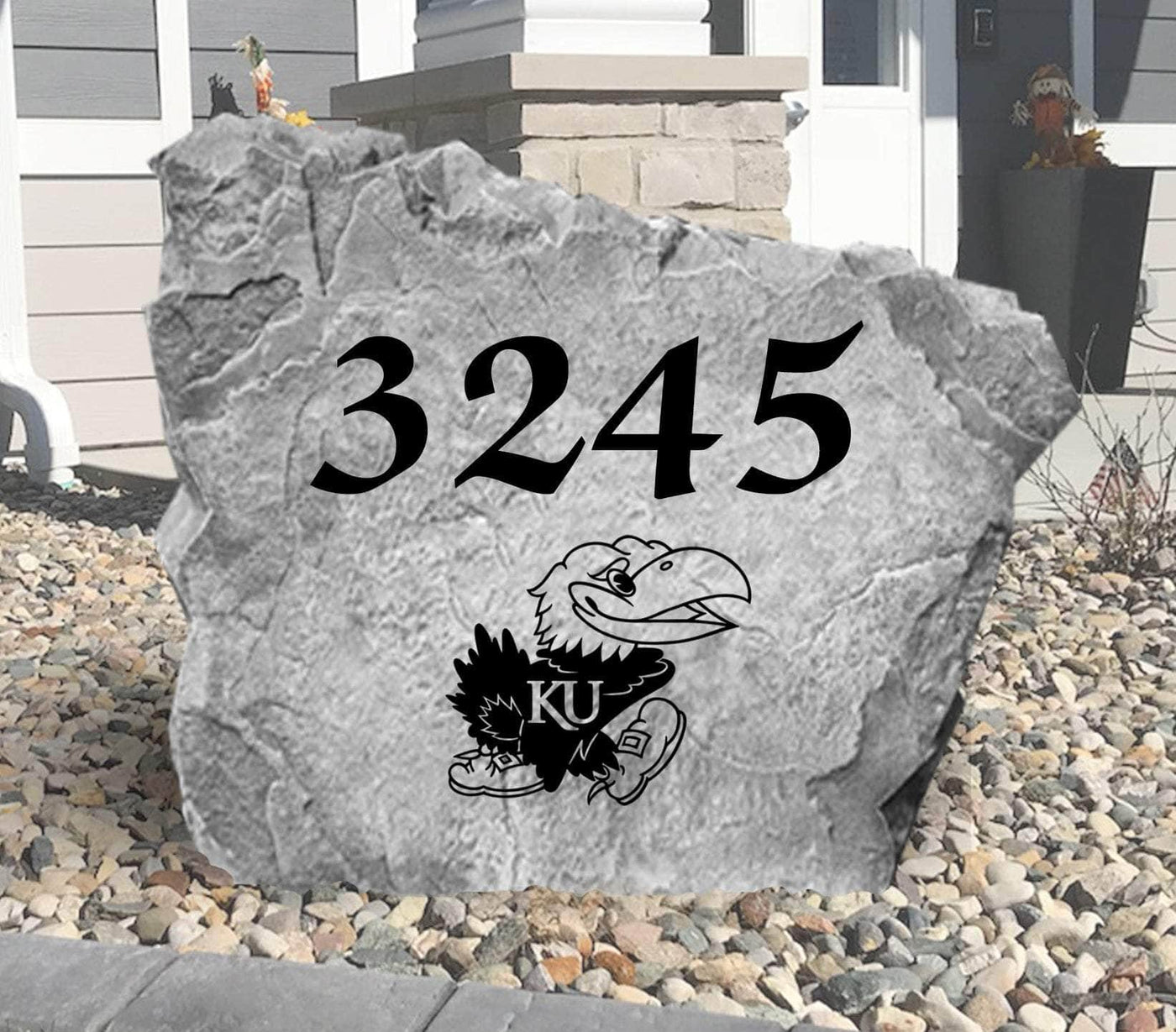 Custom engraved yard rock with KU Jayhawk emblem and house number