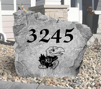 Custom engraved yard rock with KU Jayhawk emblem and house number