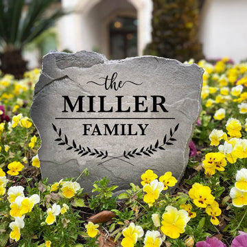 Nature-inspired Family Name Leaf Stone handcrafted in the USA and engraved directly into the stone surface. Ideal for front yards, gardens, and walkways, this personalized stone creates a welcoming and stylish outdoor accent.
