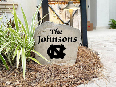 Personalized yard rock with Tar Heels emblem and engraved name