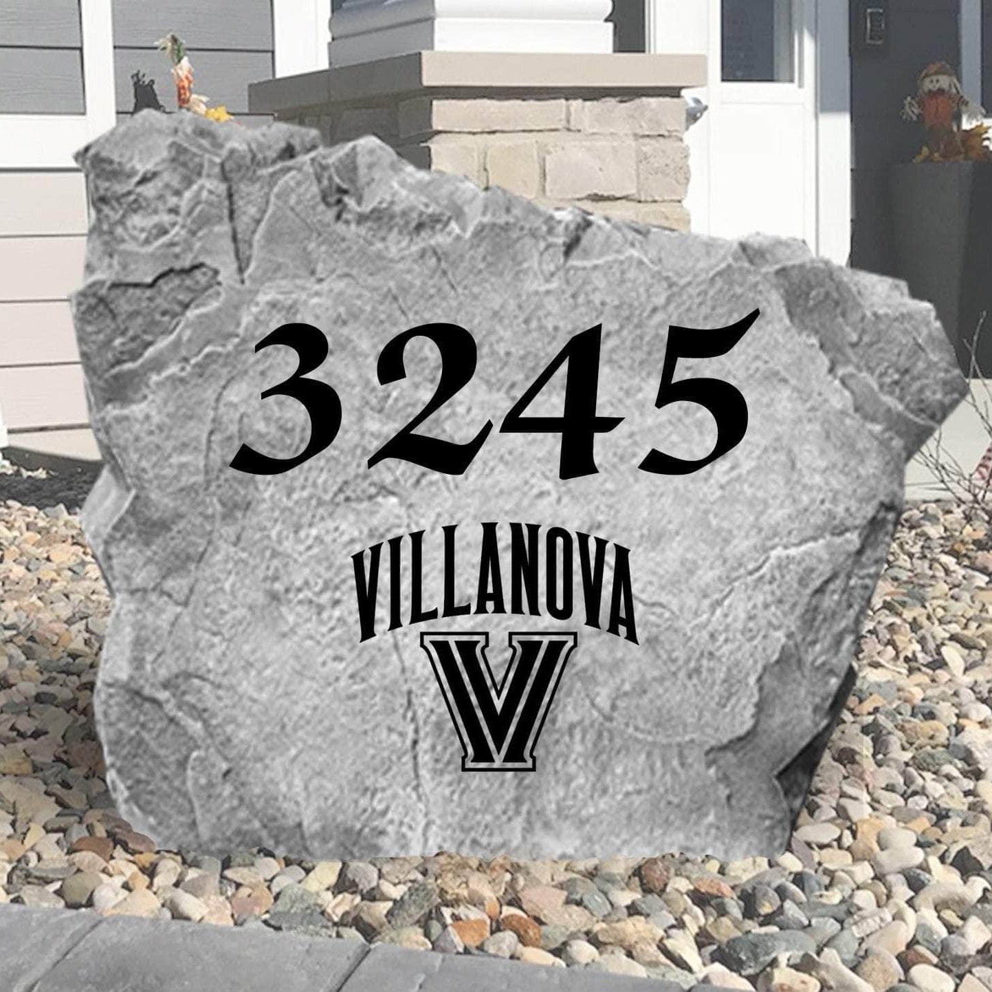 Custom Villanova University Address Stone featuring the official Wildcats logo and personalized house numbers. A stylish way to display your address in front yards, driveways, gardens, and landscaped entryways.