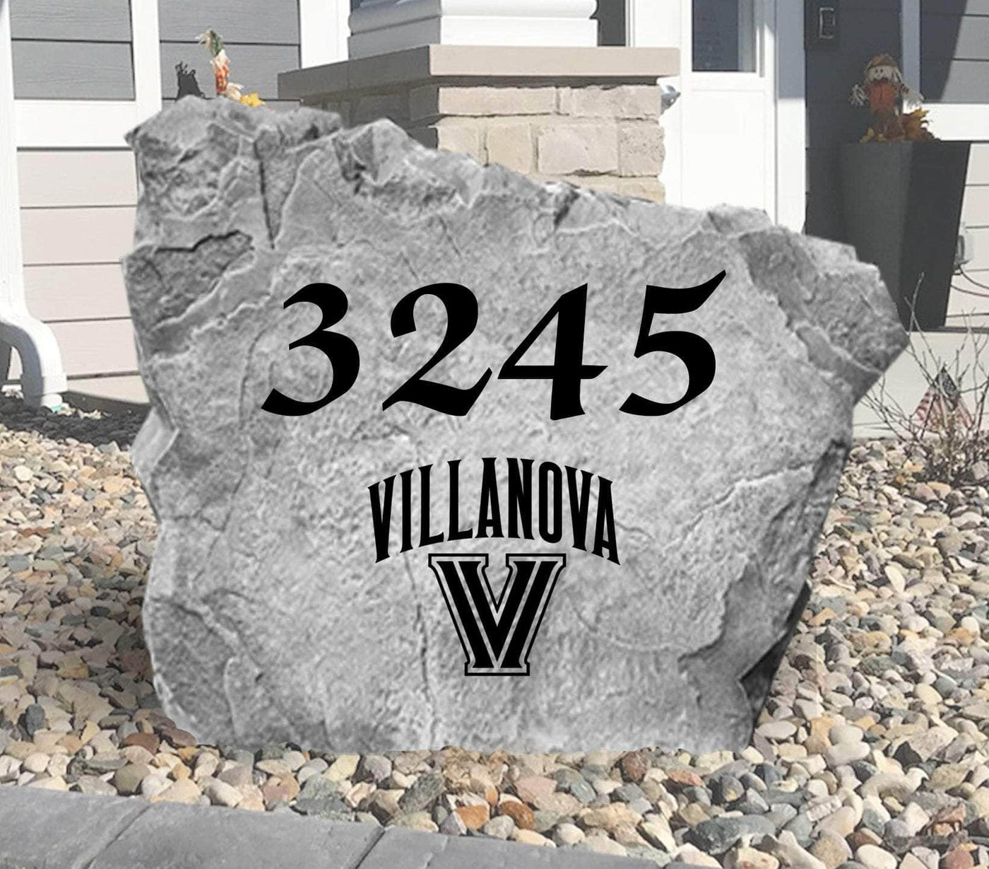 Custom decorative rock with Villanova logo and house number