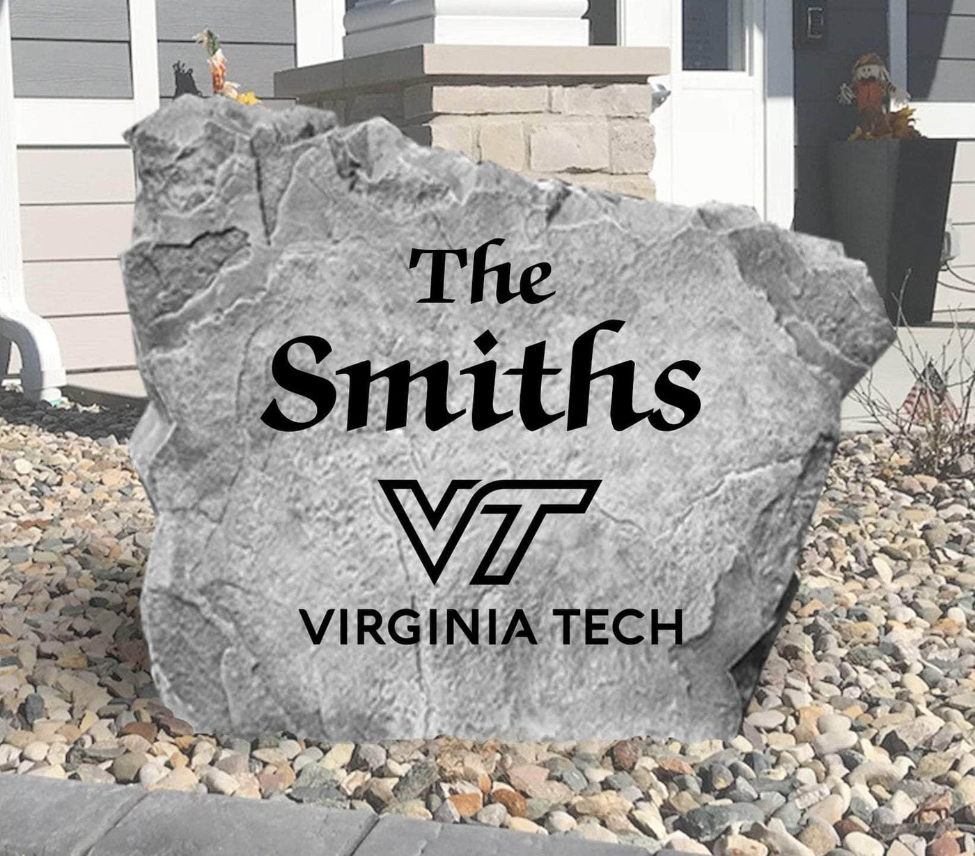 Custom yard rock featuring VT logo and family name