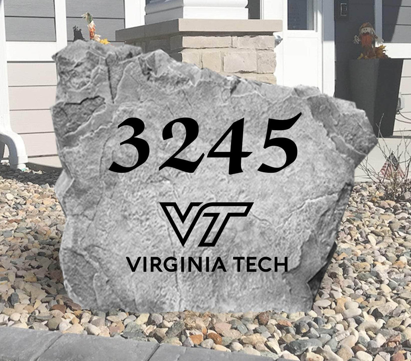 Custom yard rock featuring VT logo and house number