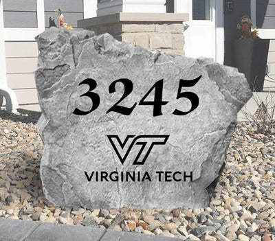 Custom yard rock featuring VT logo and house number