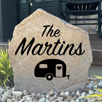 Custom camper campsite plaque crafted from durable concrete, adding personalized charm to RV parks, campgrounds, and seasonal camping sites.
