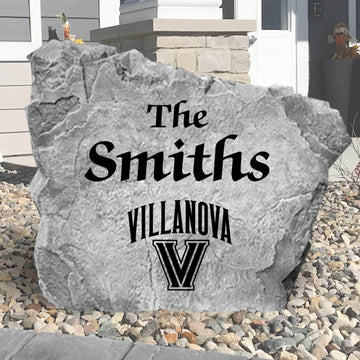 Custom Villanova Wildcats Name Stone featuring the official university logo and your personalized family name. A beautiful landscape accent for gardens, patios, front entryways, and flower beds.