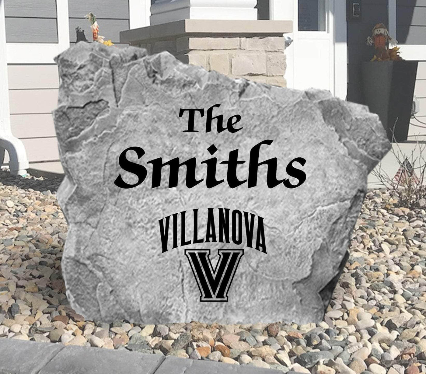 Custom engraved landscaping rock featuring Villanova Wildcats logo