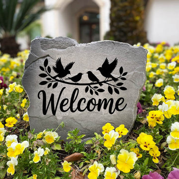 Nature-inspired Welcome Bird Stone handcrafted in the USA and engraved directly into the stone surface. Ideal for patios, entryways, gardens, and walkways, this decorative stone creates inviting curb appeal.