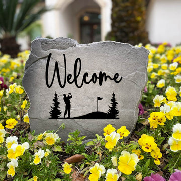 Beautiful engraved Welcome Golf Stone featuring classic golf details and a welcoming design. This custom garden stone adds lasting curb appeal and creates a charming accent for front yards, gardens, and porches.