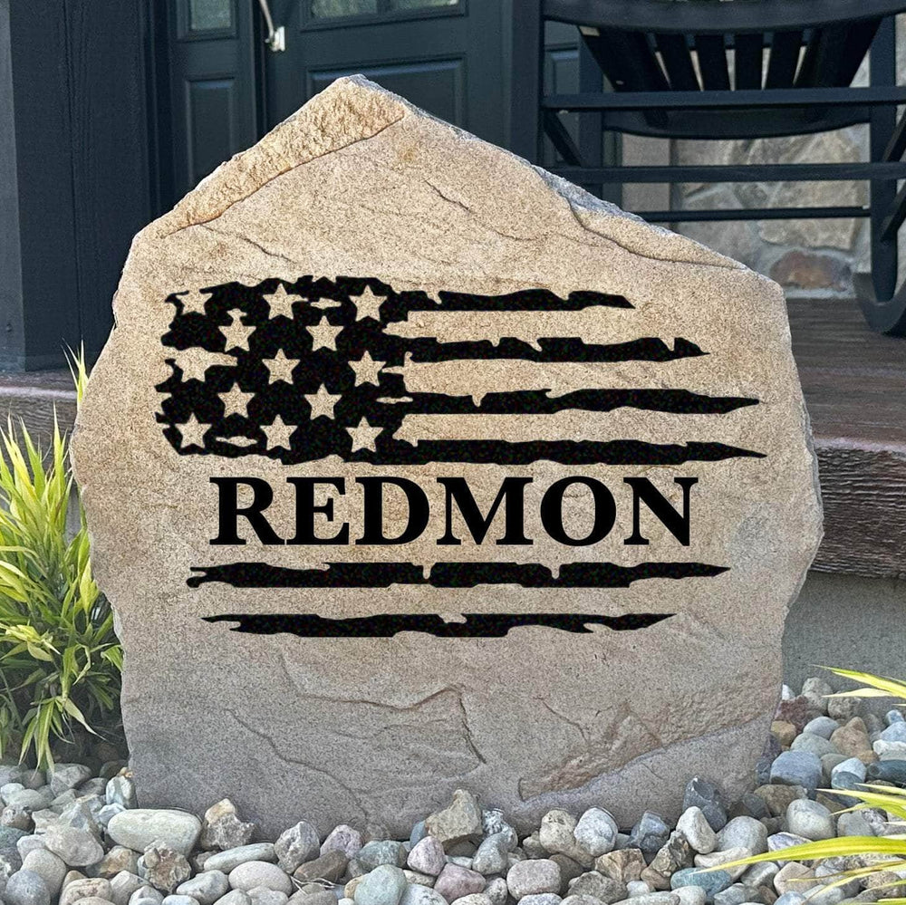Custom USA flag landscape stone crafted from durable concrete, combining your surname with a timeless symbol of American pride.