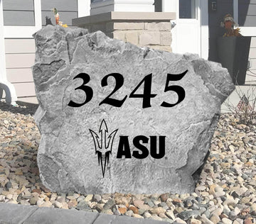 Custom Arizona State University Address Stone featuring the official Sun Devils logo and personalized house numbers. A stylish way to display your address in front yards, driveways, gardens, and landscaped entryways.
