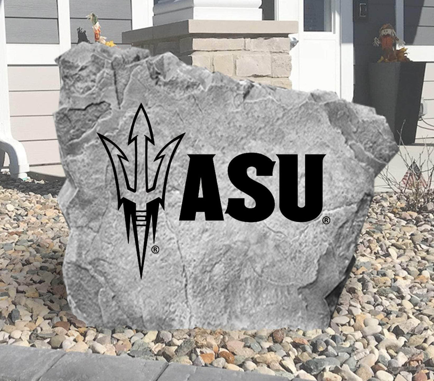 Engraved concrete rock featuring the Arizona State University Sun Devils emblem