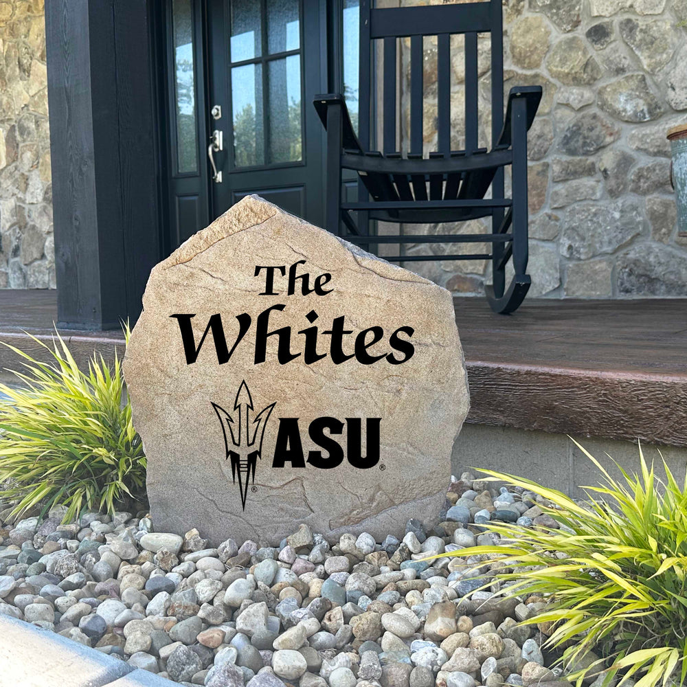 Decorative Arizona State University family name stone designed for loyal Sun Devils fans, alumni, and graduates. This personalized outdoor stone enhances curb appeal while proudly displaying your school spirit in gardens, walkways, and outdoor living spaces.