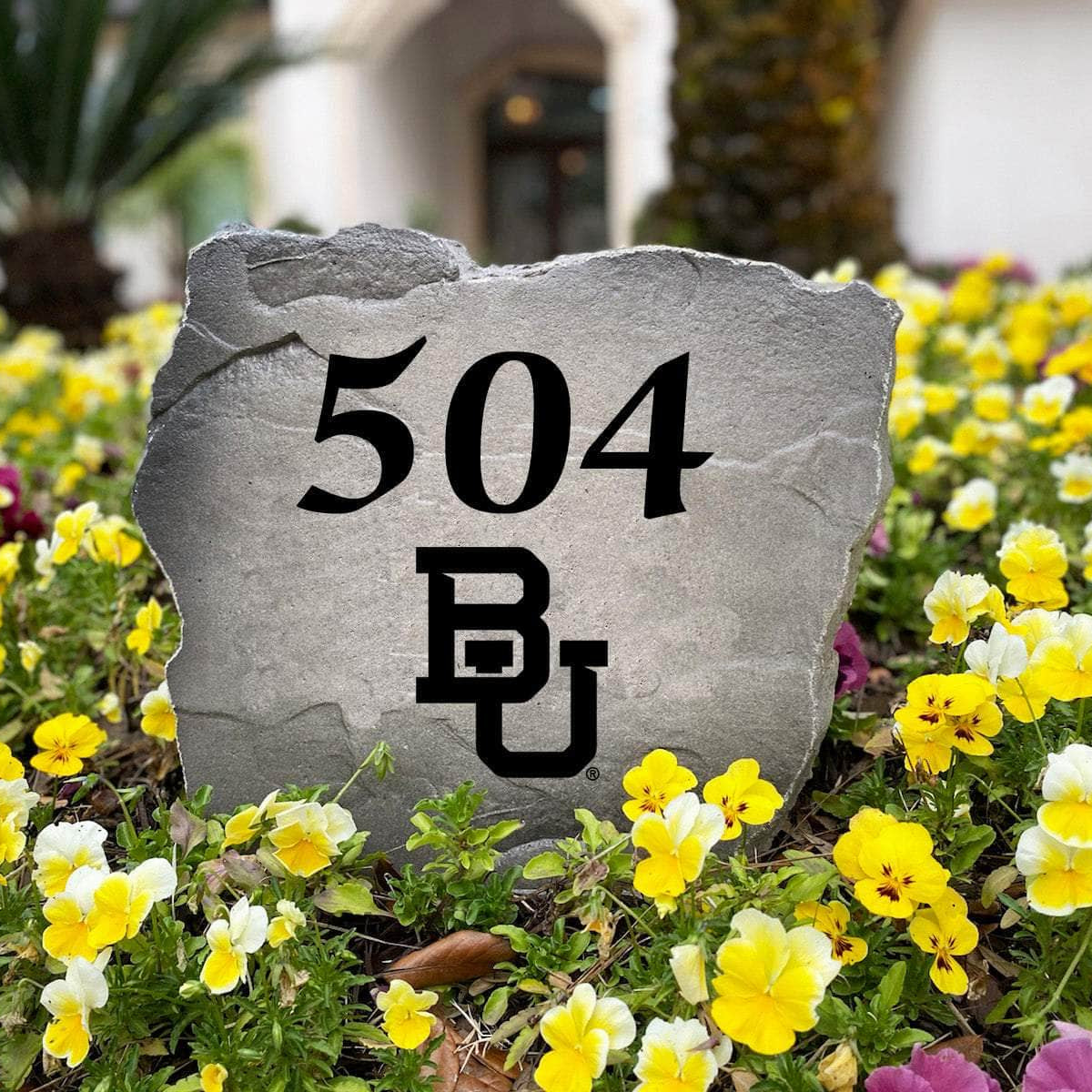 Officially licensed Baylor Bears Address Stone handcrafted in the USA with custom house numbers and engraved team artwork. This personalized address marker enhances curb appeal for alumni homes, patios, and landscape beds.