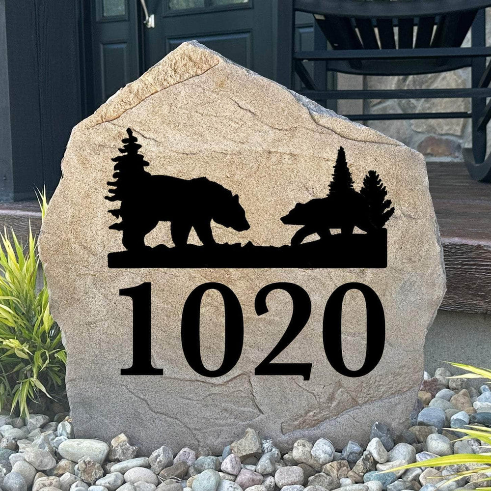 Custom bear house number plaque crafted from durable concrete, combining easy-to-read address numbers with a timeless wildlife-inspired design.