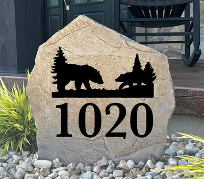 Rustic bear address rock sign for outdoor landscaping and entryway