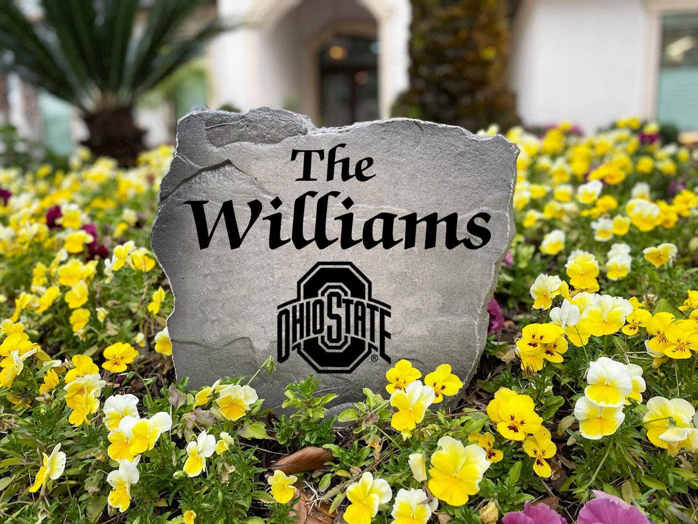 Outdoor decorative stone with Buckeyes logo and name