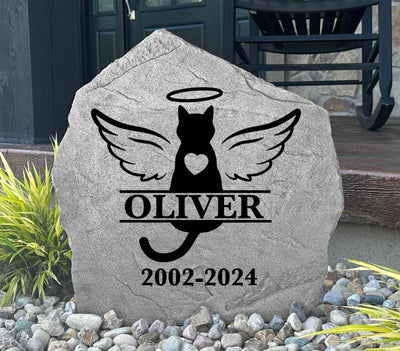 Engraved cat memorial stone featuring angel wings and halo for pet remembrance