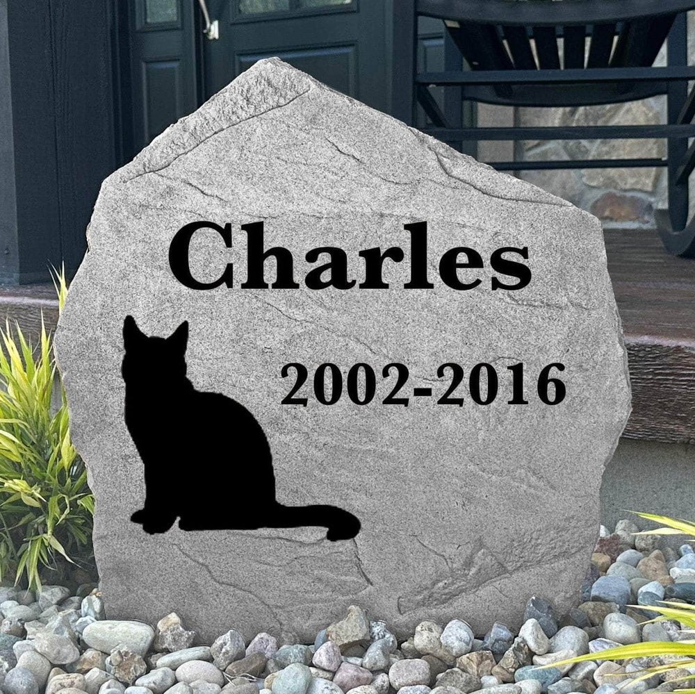 Personalized cat remembrance plaque crafted from durable concrete, creating a peaceful outdoor memorial for a cherished member of the family.