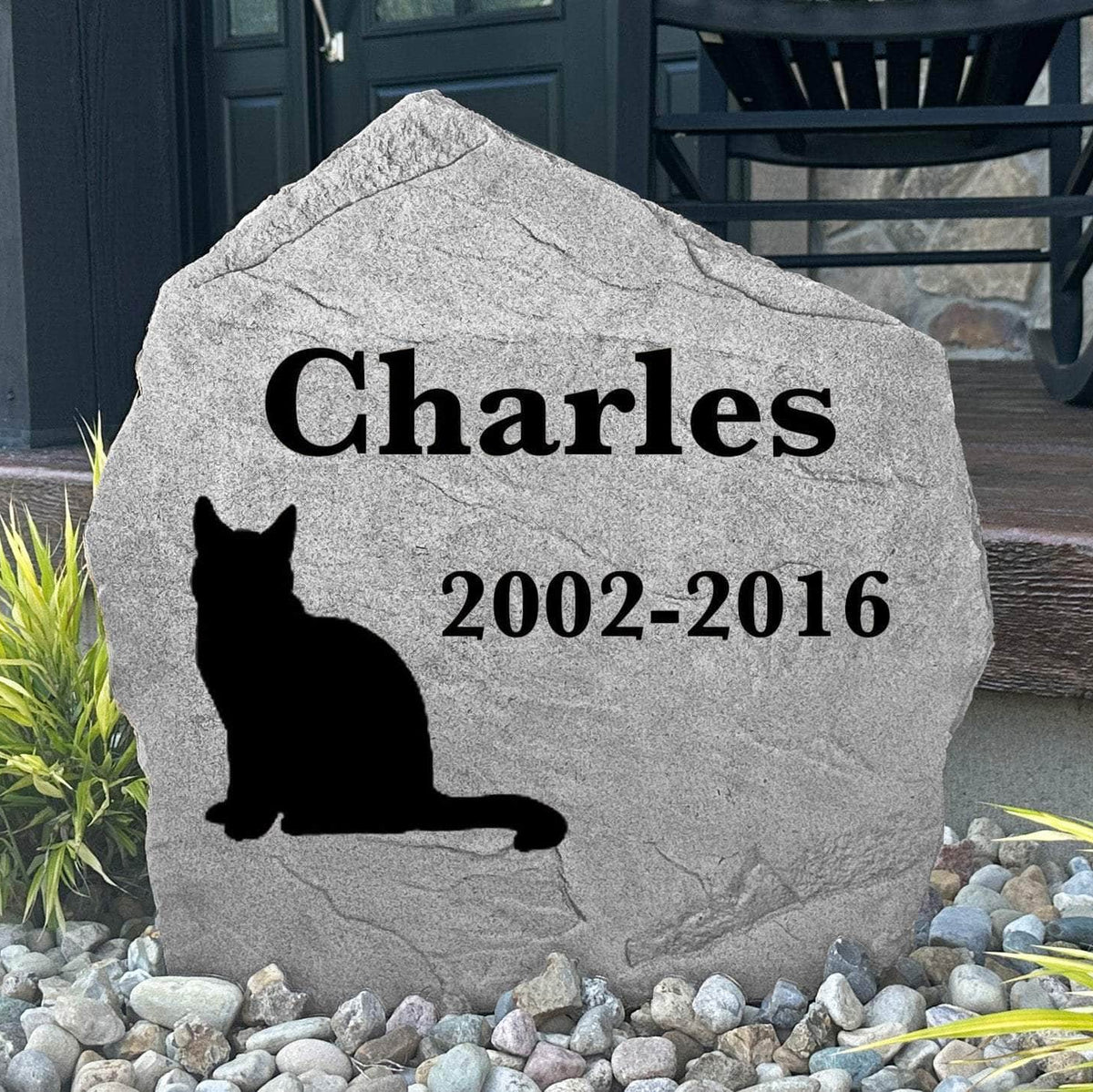 Personalized cat remembrance plaque crafted from durable concrete, creating a peaceful outdoor memorial for a cherished member of the family.