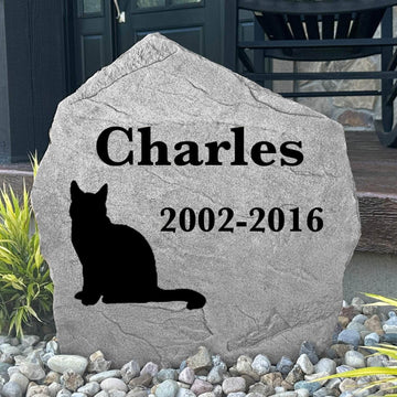 Personalized cat remembrance plaque crafted from durable concrete, creating a peaceful outdoor memorial for a cherished member of the family.